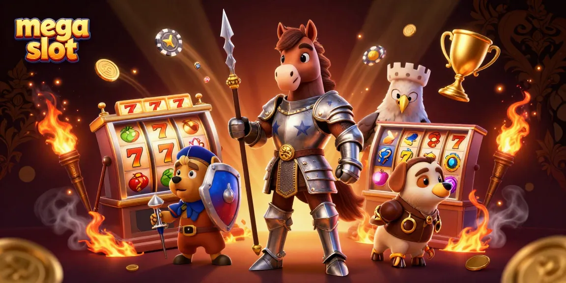 Menangkan mega slot dengan kombinasi slot reel, karakter ksatria, dan keripik emas dalam satu ilustrasi kasino menawan.