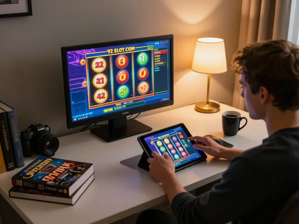 Engaging user exploring 92slot com slots on a sleek tablet in a cozy home environment