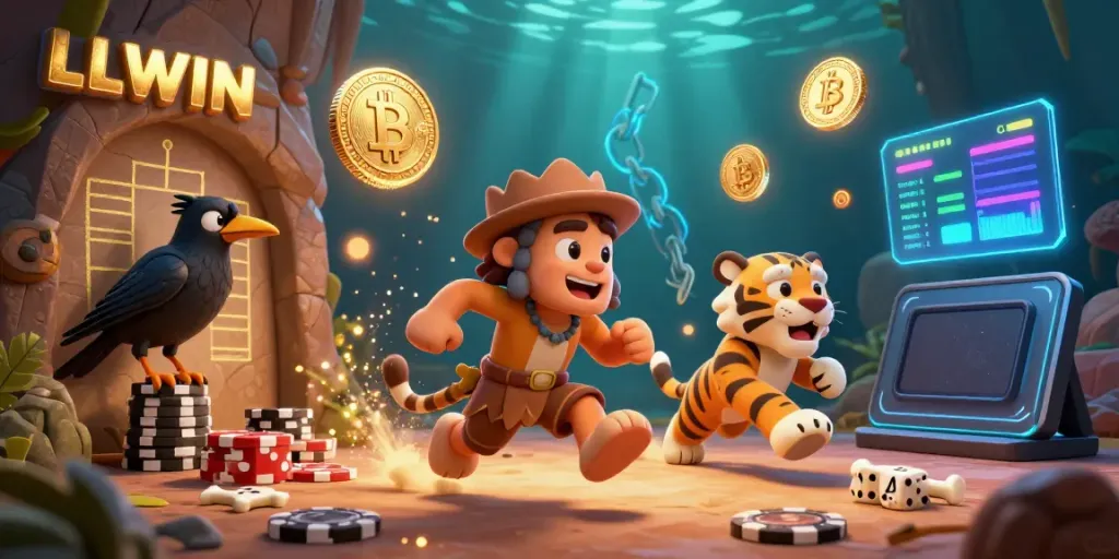 Engage with LLWIN's vibrant prehistoric casino scene, featuring a captivating caveman and sabertooth duo.