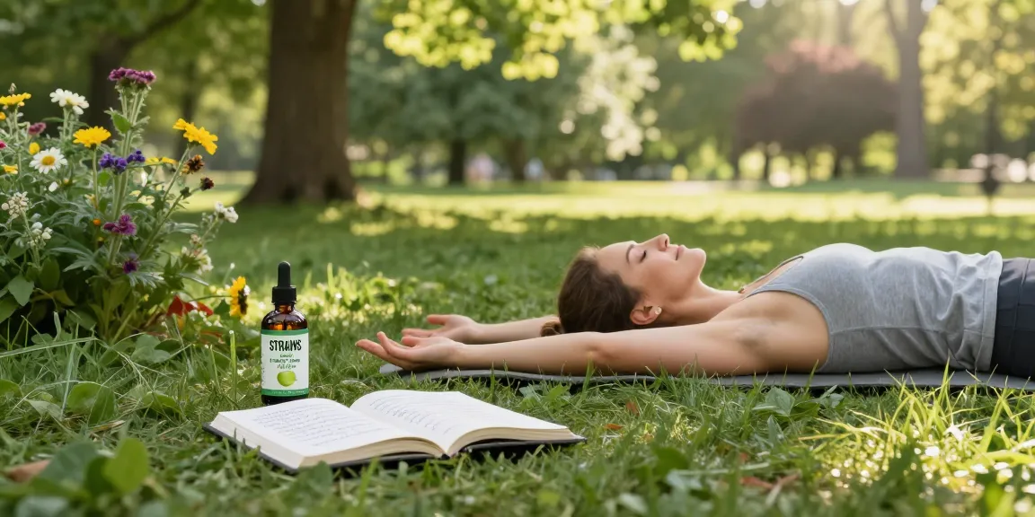 Natural wellness scene with STRAINS Green Apple THCa CBD oil during yoga and journaling outdoors.