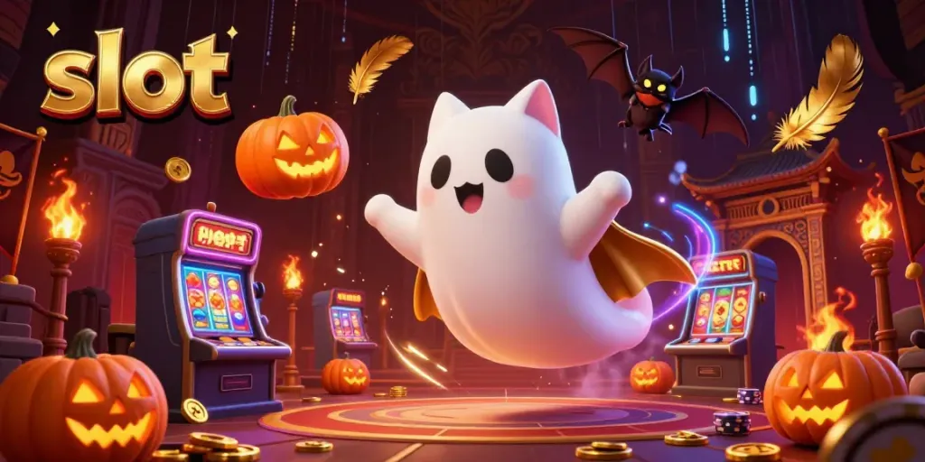 Engage with slot gaming excitement in a haunted casino realm with a ghost cat and vampire bat.