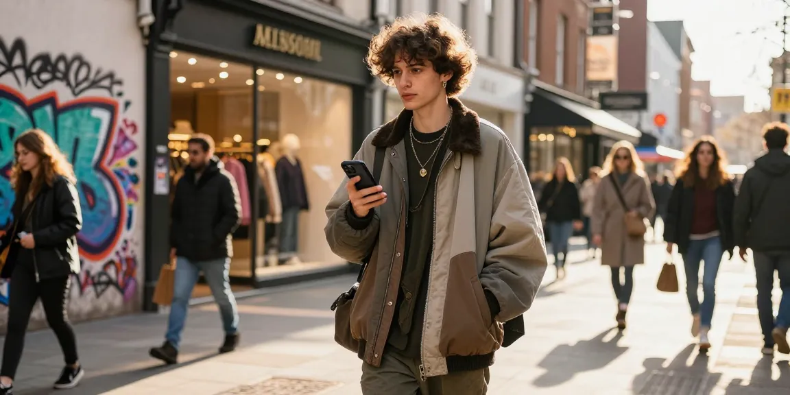 Fashionable individual checking trends on https://shs-dome5.com/ in vibrant urban street.