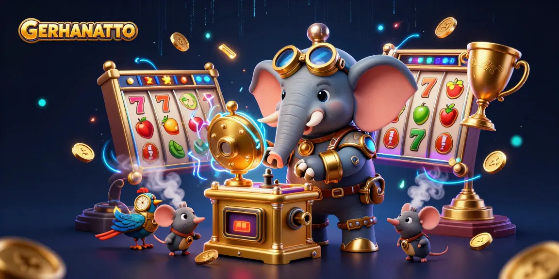 Menangkan hadiah menarik di GERHANATOTO dengan mesin slot emas yang dioperasikan oleh karakter berkacamata.