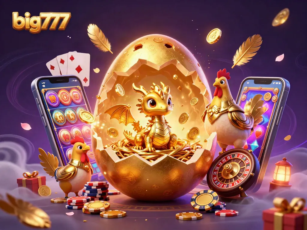 Play big777 slots as a golden dragon emerges, revealing exciting poker chips and casino games.