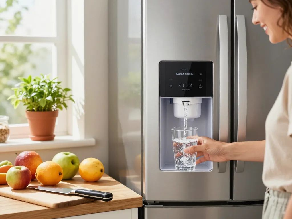 Person filling a glass with water from a refrigerator using the AQUA CREST ADQ73613401 Refrigerator Water Filter, showcasing freshness.