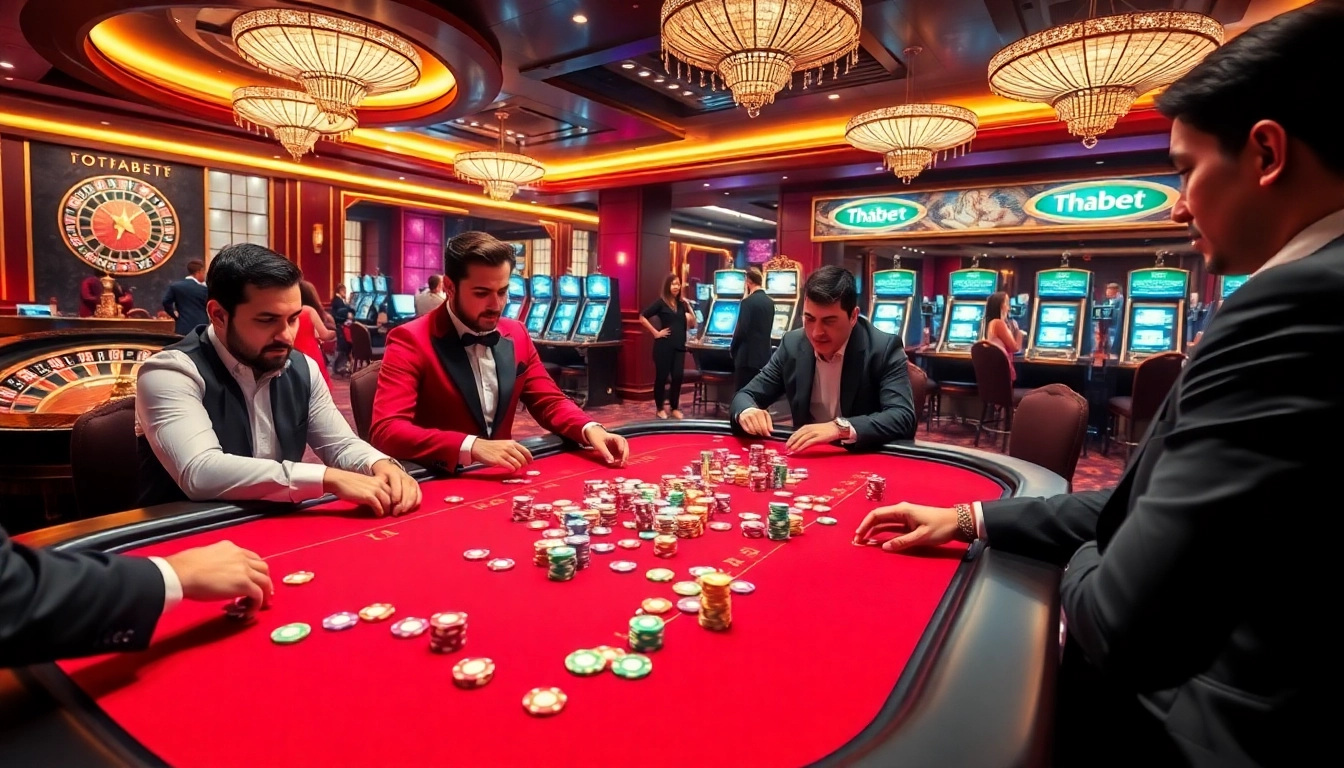 Thabet players strategizing at a vibrant poker table in a luxurious casino setting.