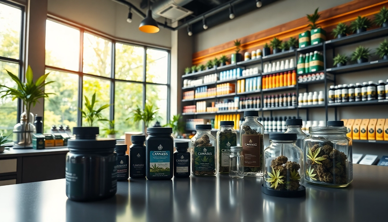 Showcase vibrant products in a modern Weed Store with inviting atmosphere and inviting details.