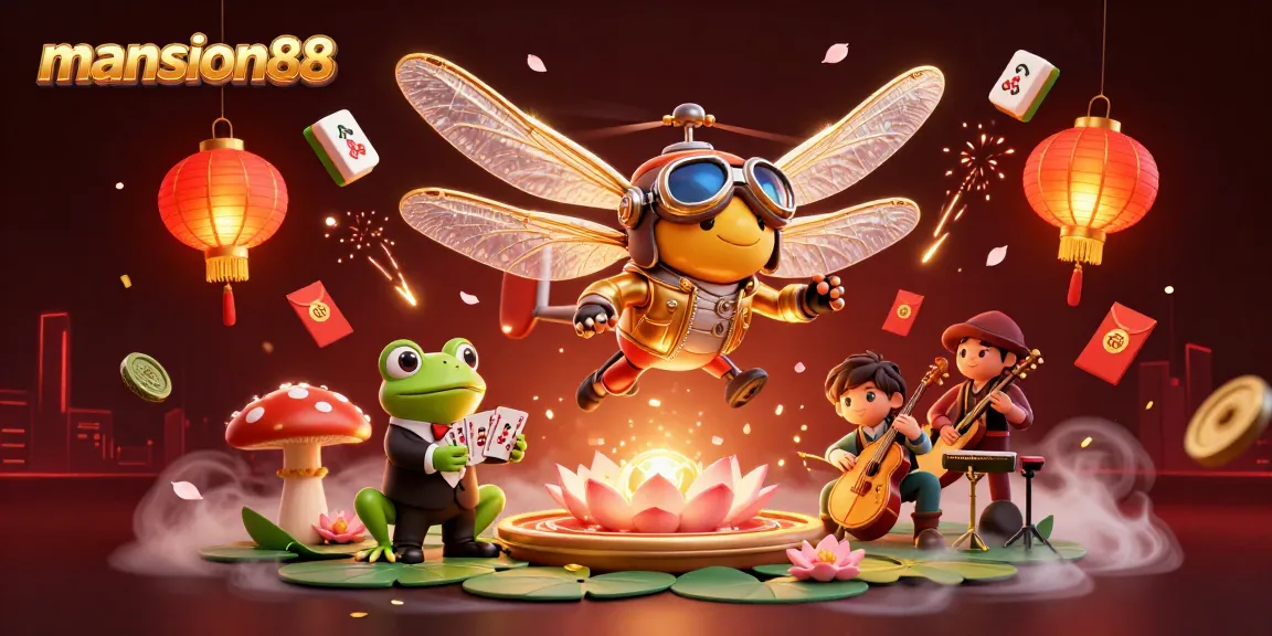 Engage in thrilling games at mansion88's vibrant casino scene with animated characters and festive elements.