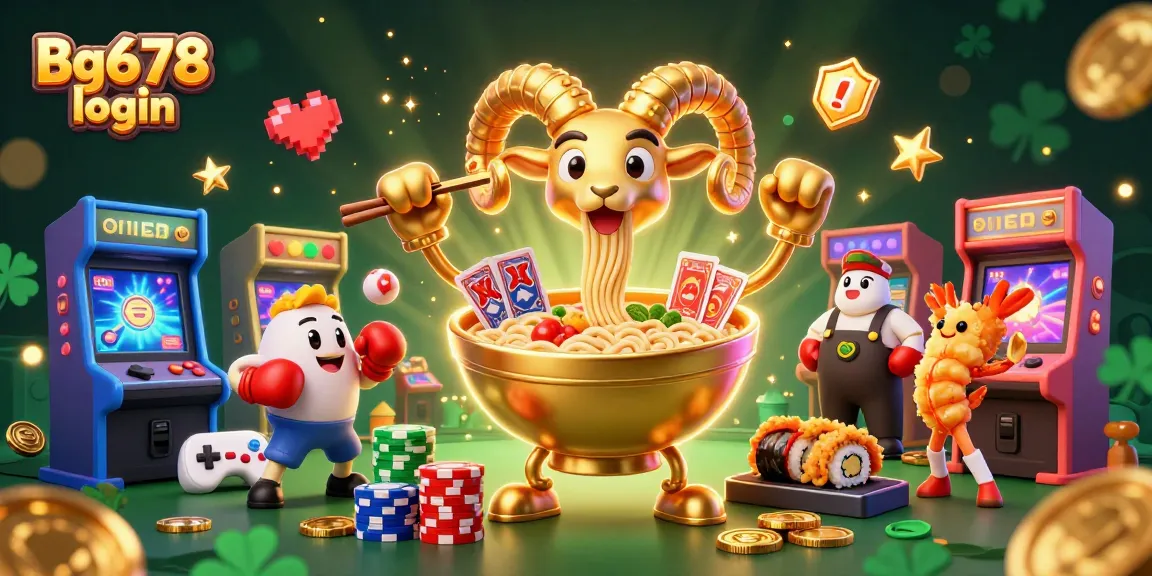 Engage with Bg678 login – a captivating 3D scene of a golden ramen bowl character dealing cards and chips.