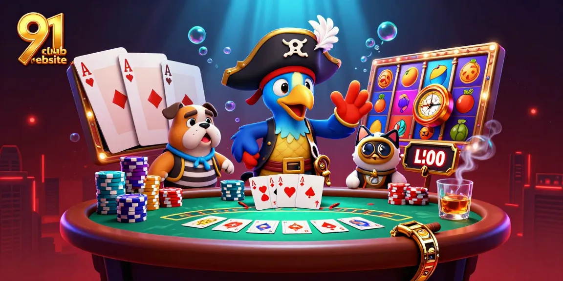 Engage with the exciting world of the 91 club website featuring dynamic casino elements and characters.