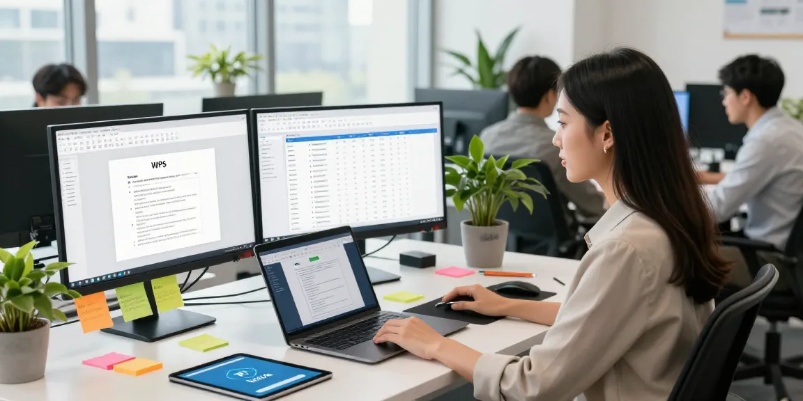 Download WPS Office in a professional workspace with team collaboration on tech projects.