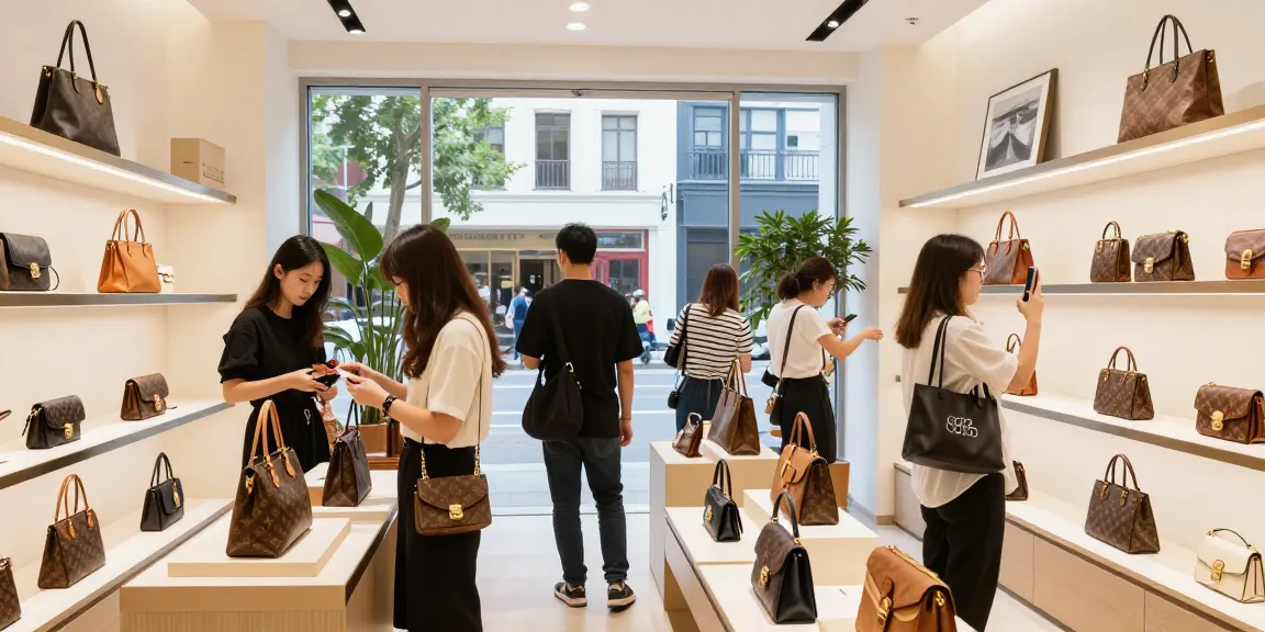 Young adults exploring high-quality 레플리카 handbags in a modern retail store.