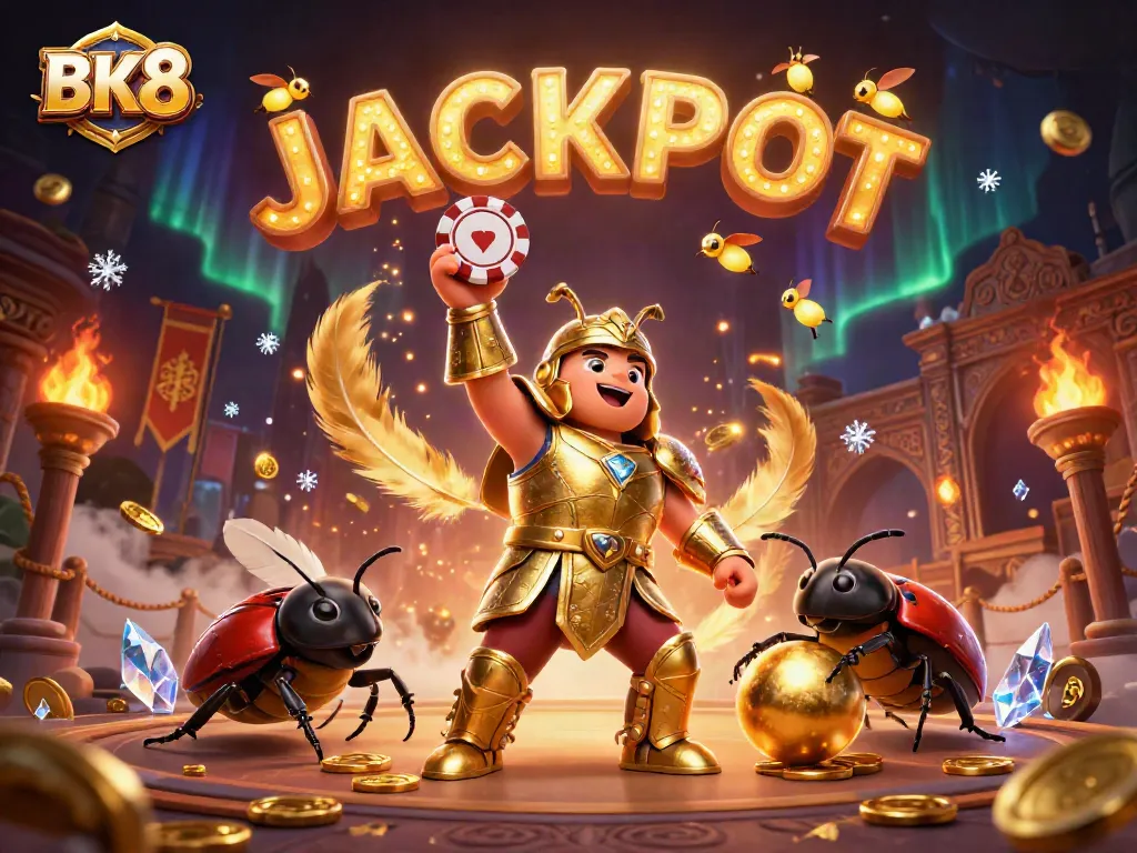 Join BK8 in this thrilling scene of a hercules beetle celebrating a big win with a poker chip, capturing the excitement of casino gameplay.