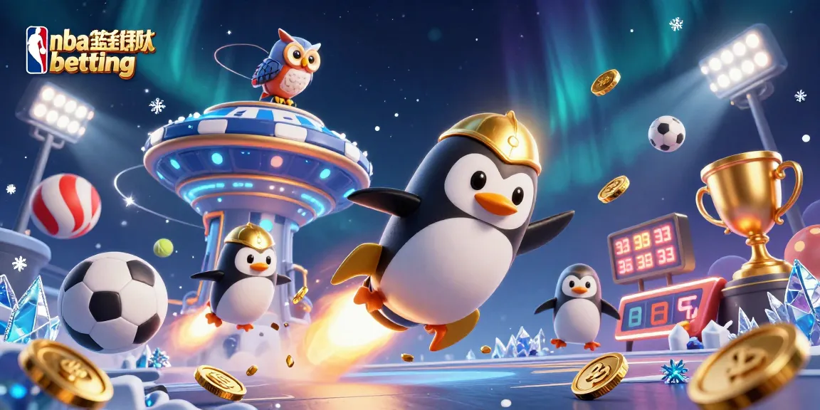 Engage in nba basketball betting with a vibrant scene of a penguin rocket exploring a casino space station!