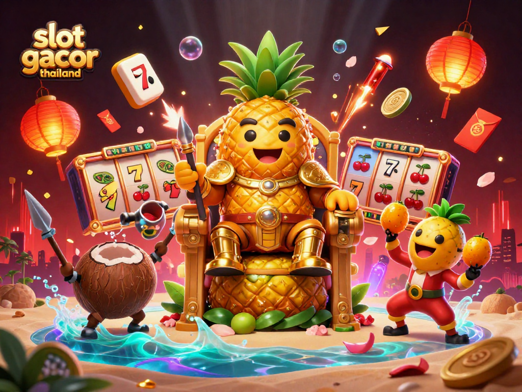 Engage with slot gacor thailand in an ultra-detailed 3D casino scene featuring a golden pineapple king.