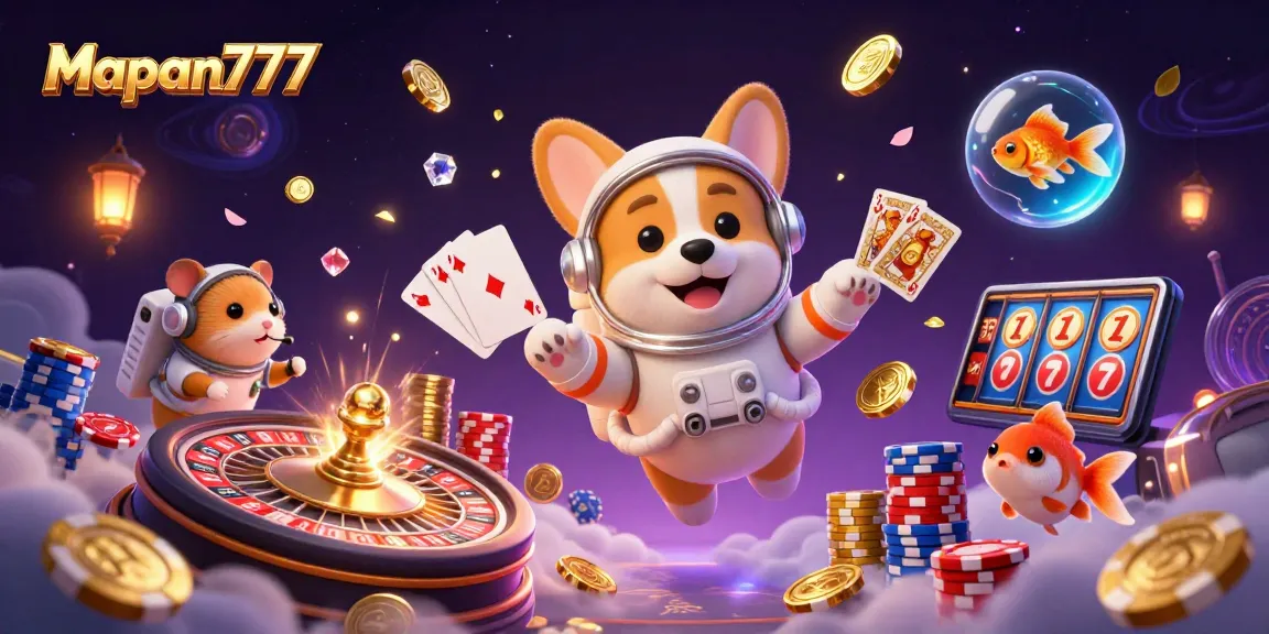Engage with Mapan777's exciting casino adventure featuring a charming astronaut corgi in a zero-gravity space station.