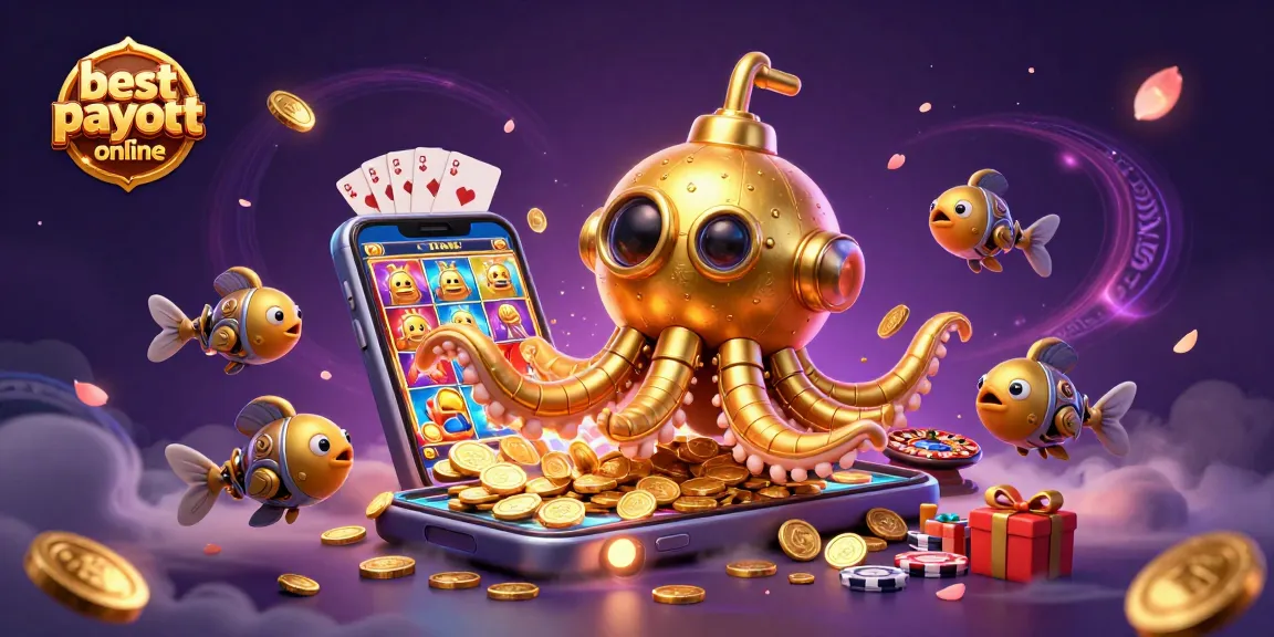 Experience winning adventures at best payout casinos online with this vibrant illustration of a golden kraken emerging from coins.