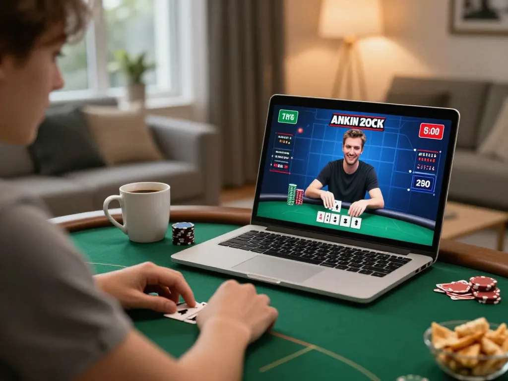 Engaging scene of home gaming with sun win poker strategy in focus on laptop screen