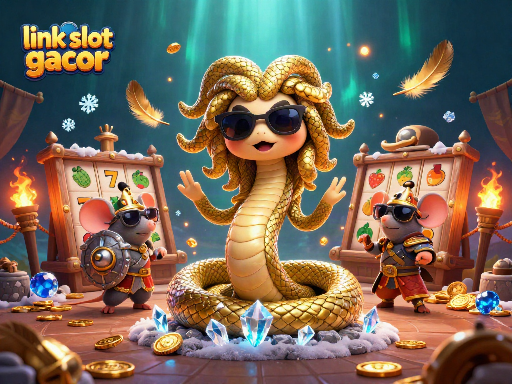 Spin to win with link slot gacor in a vibrant 3D casino scene featuring Medusa and a warrior mouse.
