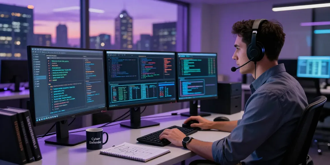 Cybersecurity analyst monitoring threat alerts at https://shs-dome5.com/ in a modern tech office setting.