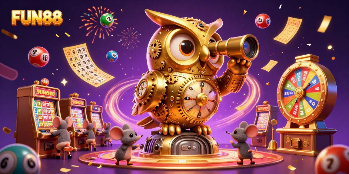 Engage with FUN88, showcasing a vibrant casino scene featuring a golden owl and lively gameplay.