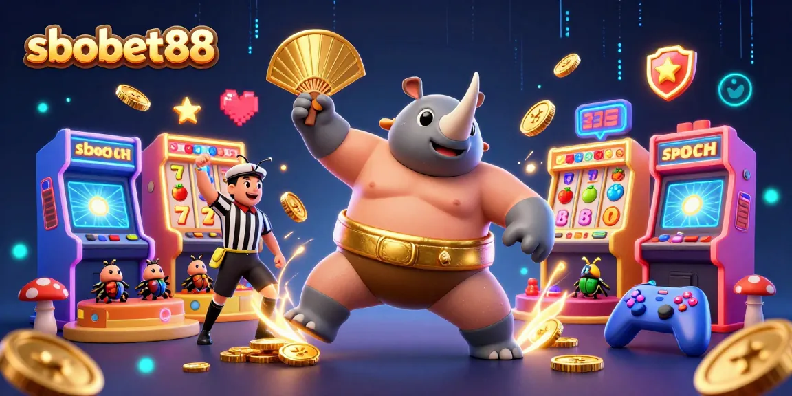 Experience sbobet88 with a vibrant 3D illustration featuring a rhinoceros beetle champion at a bustling casino scene.