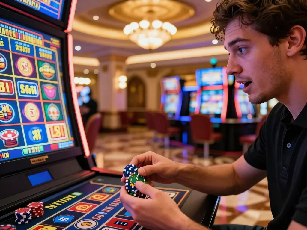 Player engaged in situs slot bet 200 action at a luxurious casino slot machine, showcasing excitement and anticipation.