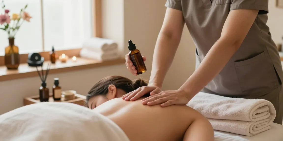 Relaxing 마사지 scene with professional therapist giving Swedish massage in serene spa environment, showcasing soothing atmosphere and wellness.