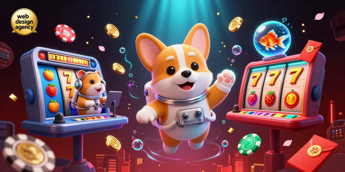 Illustration of a web design agency scene featuring an astronaut corgi in a casino with gambling elements.