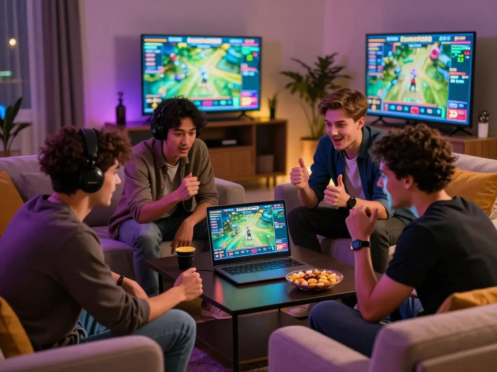 Friends enjoying betting games at hubet88 in a cozy living room