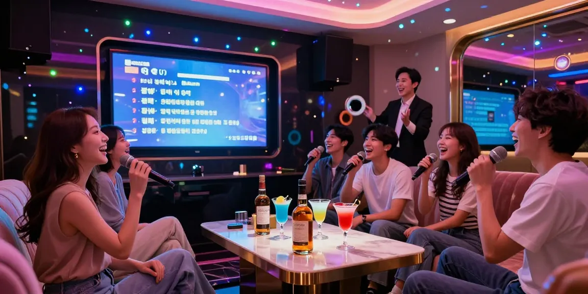 Experience premium entertainment at 강남 가라오케 with friends in a luxurious private karaoke setting.