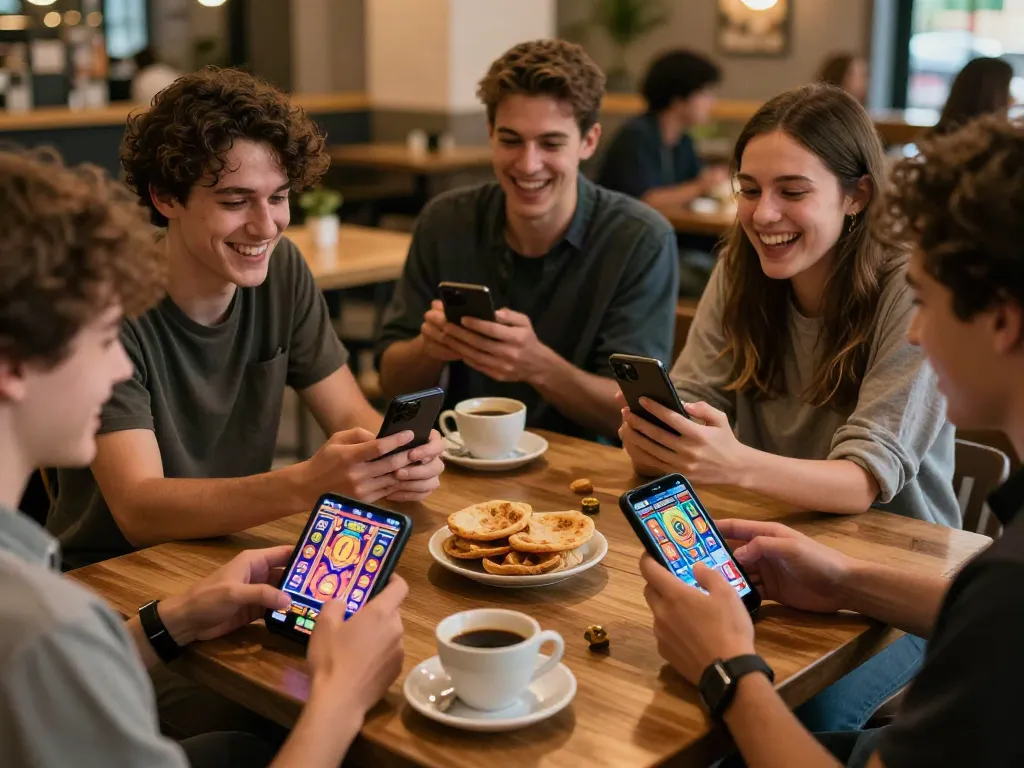 Luxury12 players enjoying fast online slots in a vibrant café atmosphere.