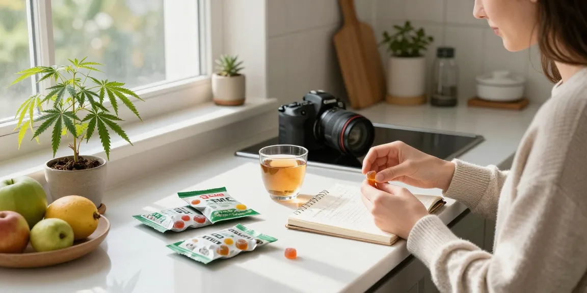 THC edibles displayed in a modern kitchen with organic hemp, wellness journal, and herbal tea.
