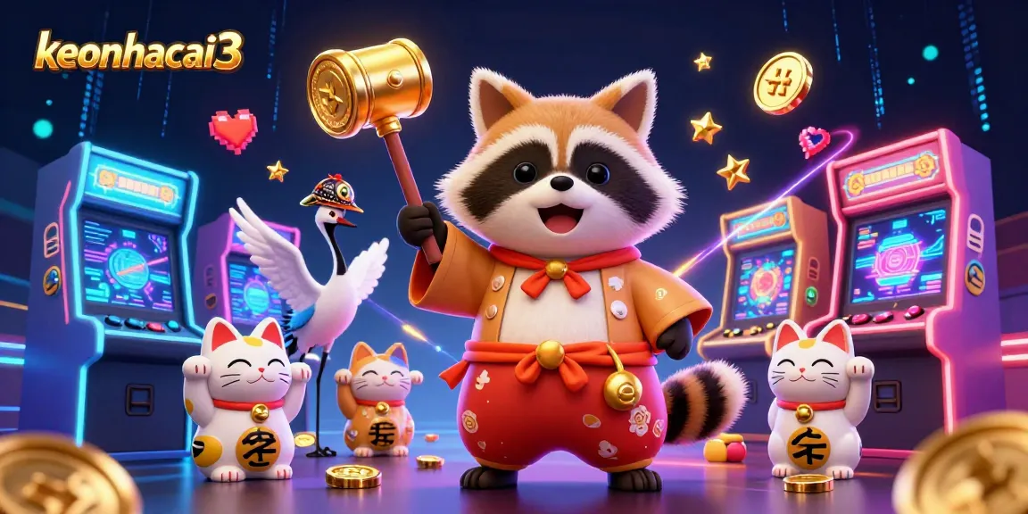 Engaging scene of keonhacai3 featuring a cheerful tanuki holding a lucky mallet amidst dynamic gaming elements