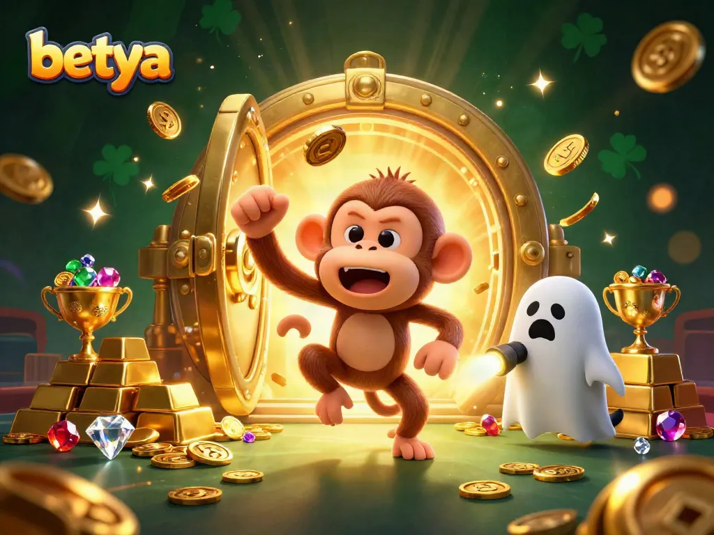 Betya showcases a lively scene with a poltergeist monkey juggling golden items while a curious ghost-hunter puppy explores.
