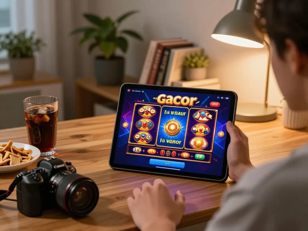 Player enjoying slot gacor games on a tablet at home, surrounded by cozy decor and snacks.