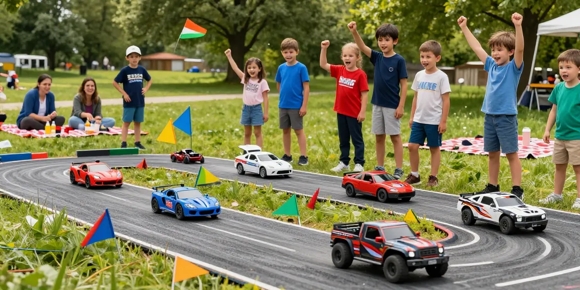 Exciting ROKOK88 RC car race with kids and adults outdoors, capturing the thrill of remote-controlled racing.
