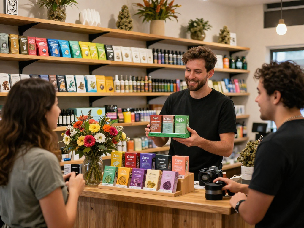 Cake carts display in a welcoming cannabis dispensary with friendly interaction and vibrant flavors.