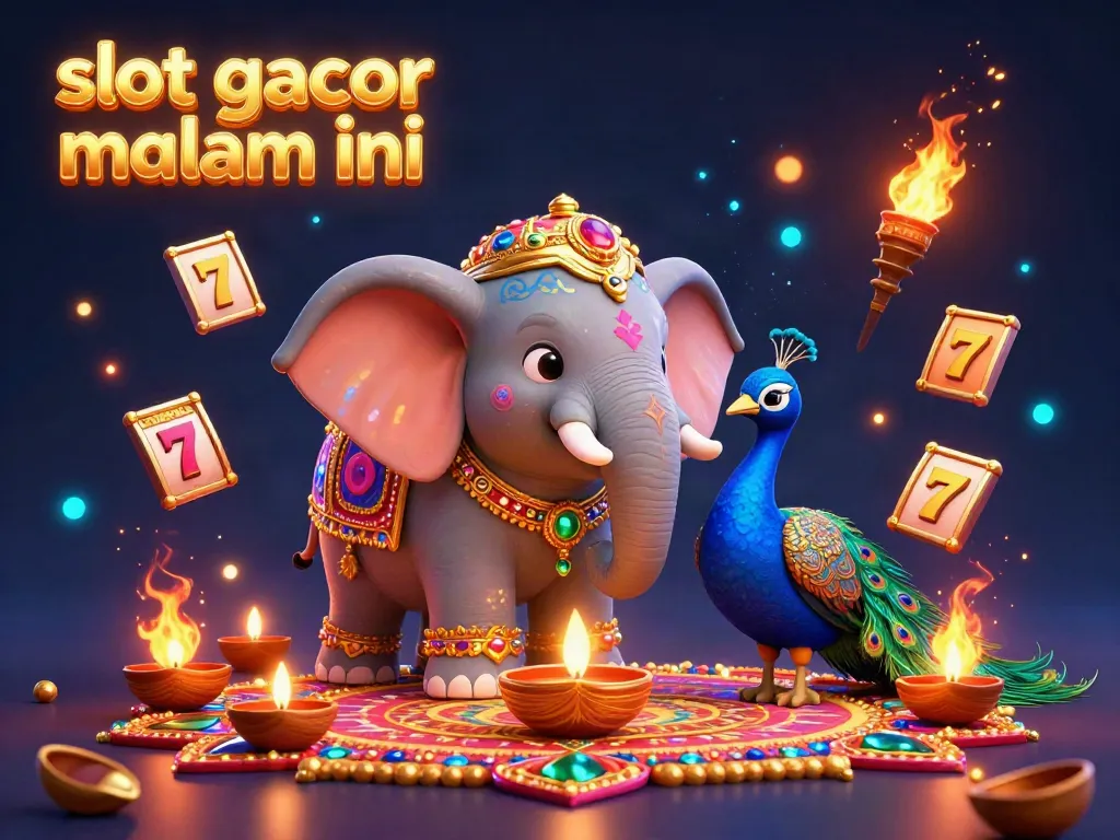Slot gacor malam ini menampilkan gajah bertema Diwali dan burung merak dalam suasana kasino yang meriah.