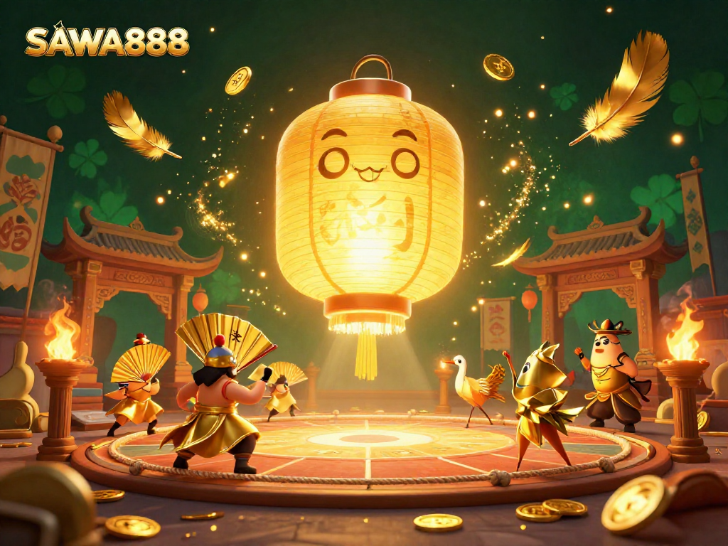 Experience thrilling gameplay with SAWA888's vibrant casino scene featuring golden lantern spirits and exciting game elements.