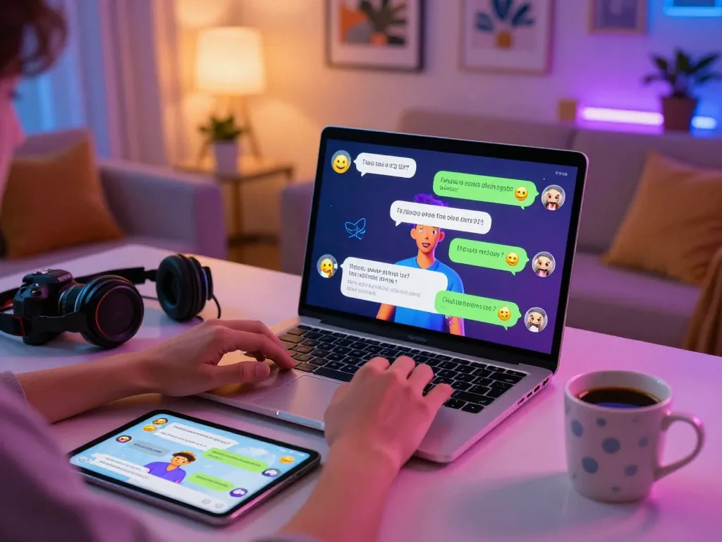 Person enjoying nsfw ai chat on a laptop in a colorful, vibrant room.