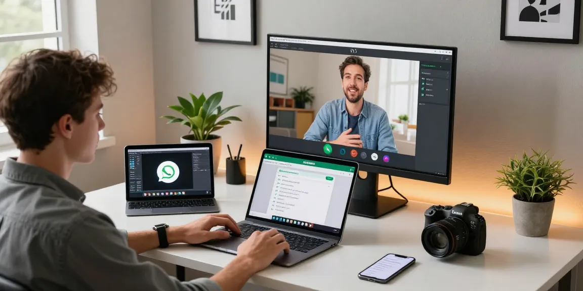 Engaged professional using WhatsApp電腦版 on a sleek desk with video call setup in a modern home office.