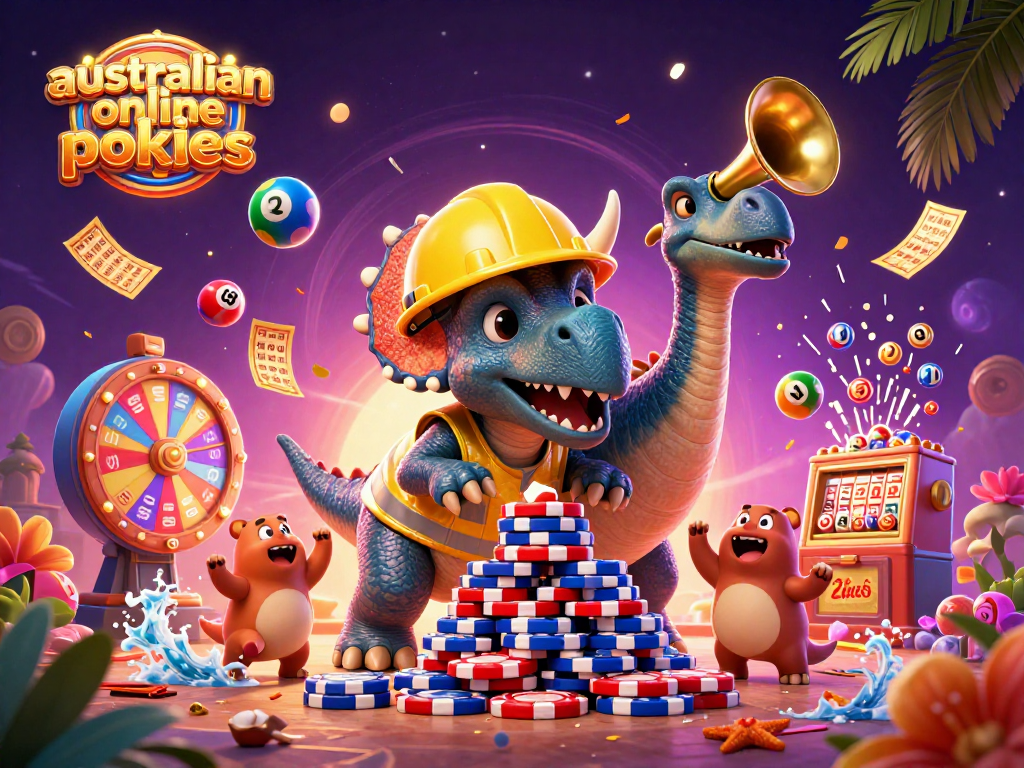 Engage with Australian online pokies featuring a celebratory triceratops and dynamic casino elements.