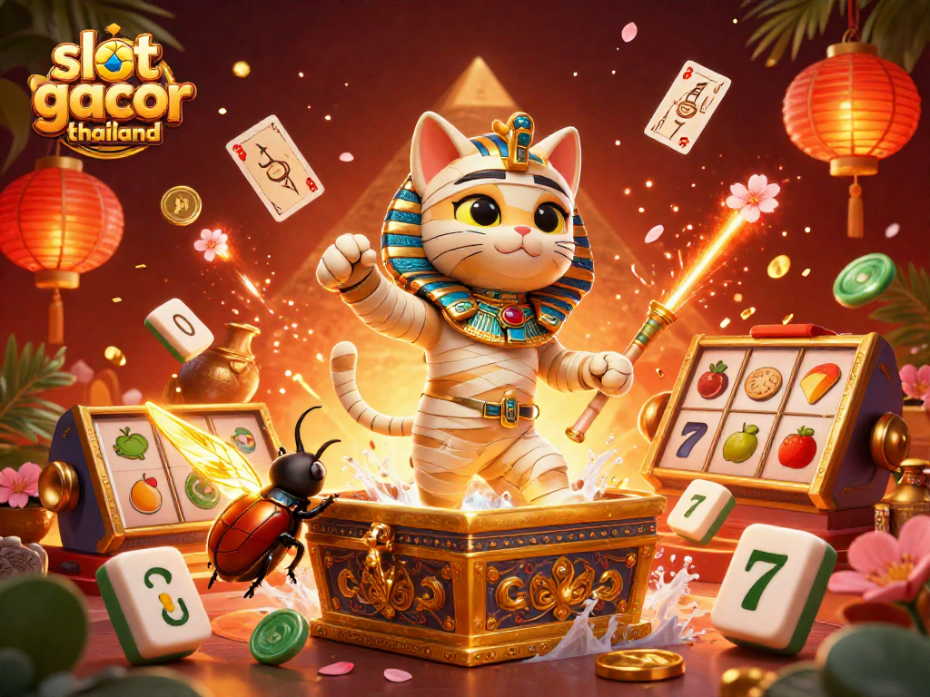 Experience thrilling gameplay with slot gacor thailand featuring a vibrant casino scene of a mummy cat and golden wings.