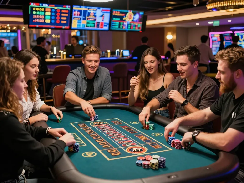 Exciting online gambling moment at 8kbetcom.club/ with friends around a roulette table.