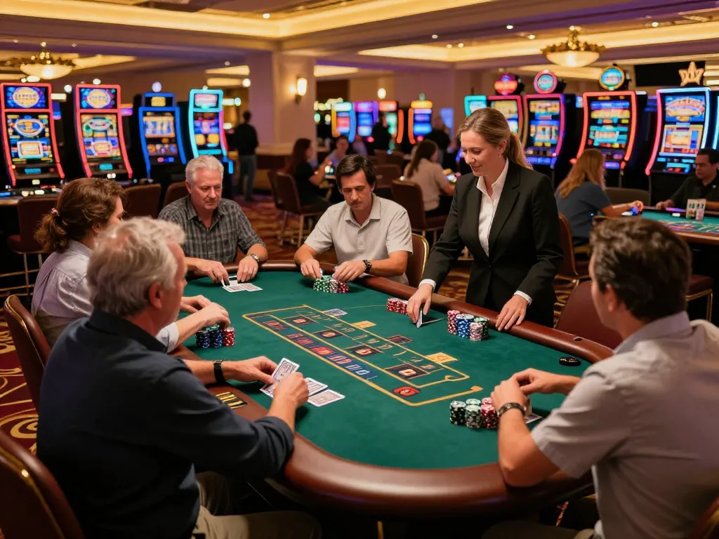 Players at classic blackjack table immersed in strategy at s8inc.com/, showcasing casino excitement and gameplay.