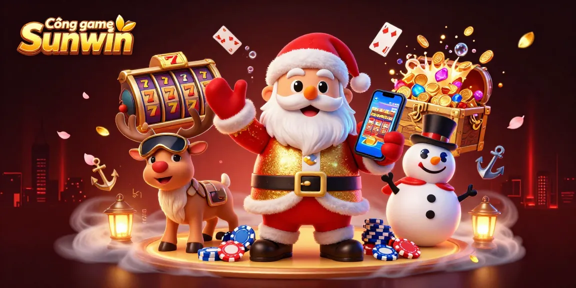 Experience Cổng game Sunwin with a vibrant and dynamic casino scene featuring Santa, reindeer, and snowman.