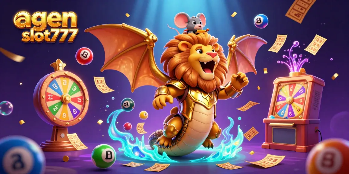 A vibrant scene showcasing agen slot777 with a golden chimera creature and dynamic casino elements, illustrating exciting gameplay.