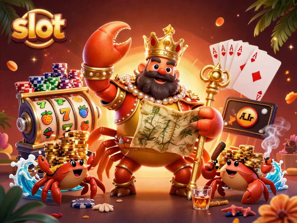 Engage with slot gaming excitement featuring a golden crab emperor in a rich casino scene.