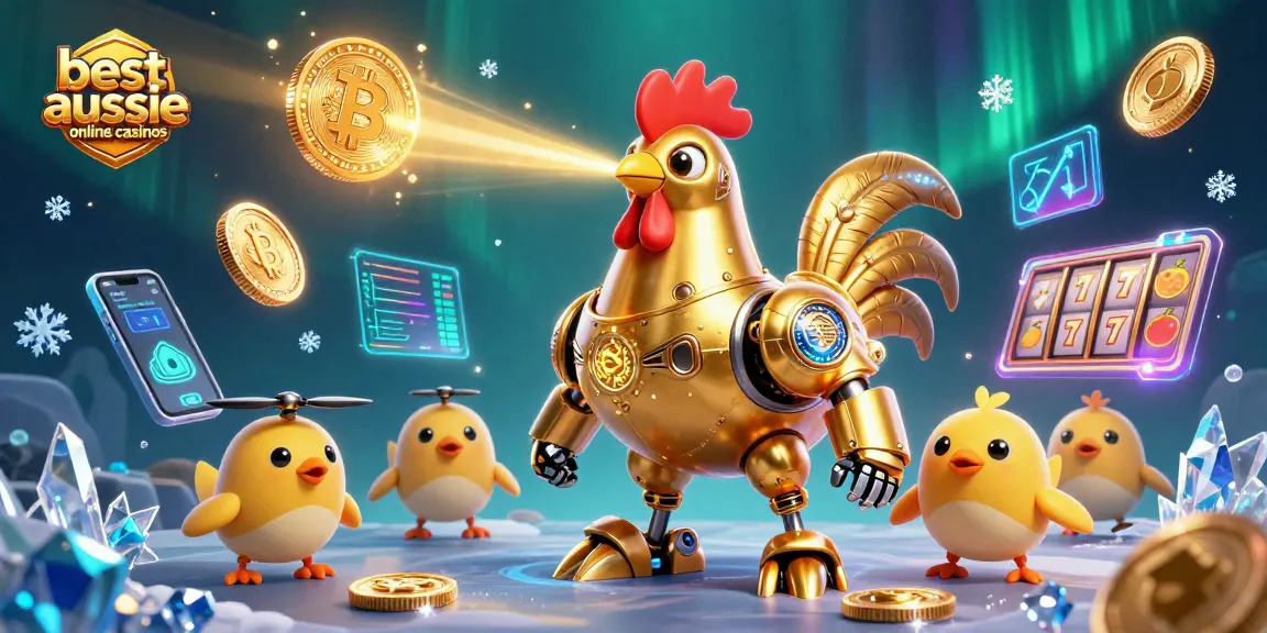 Engage with the best aussie online casinos featuring a golden rooster robot and crypto elements in a vibrant casino scene